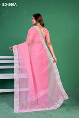 Pink Chiffon Saree With Embroidered Border