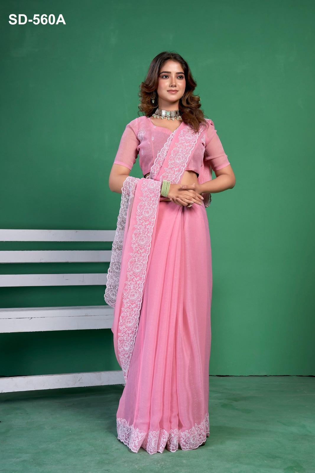 Pink Chiffon Saree With Embroidered Border