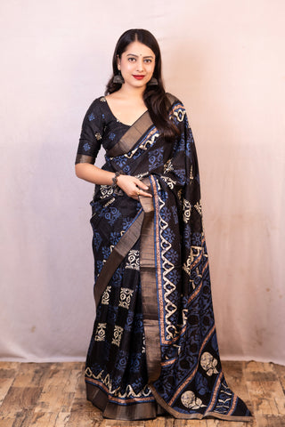 New Black Printed Soft sSub Silk Saree With Zari Woven Border. - sareeswholesalers