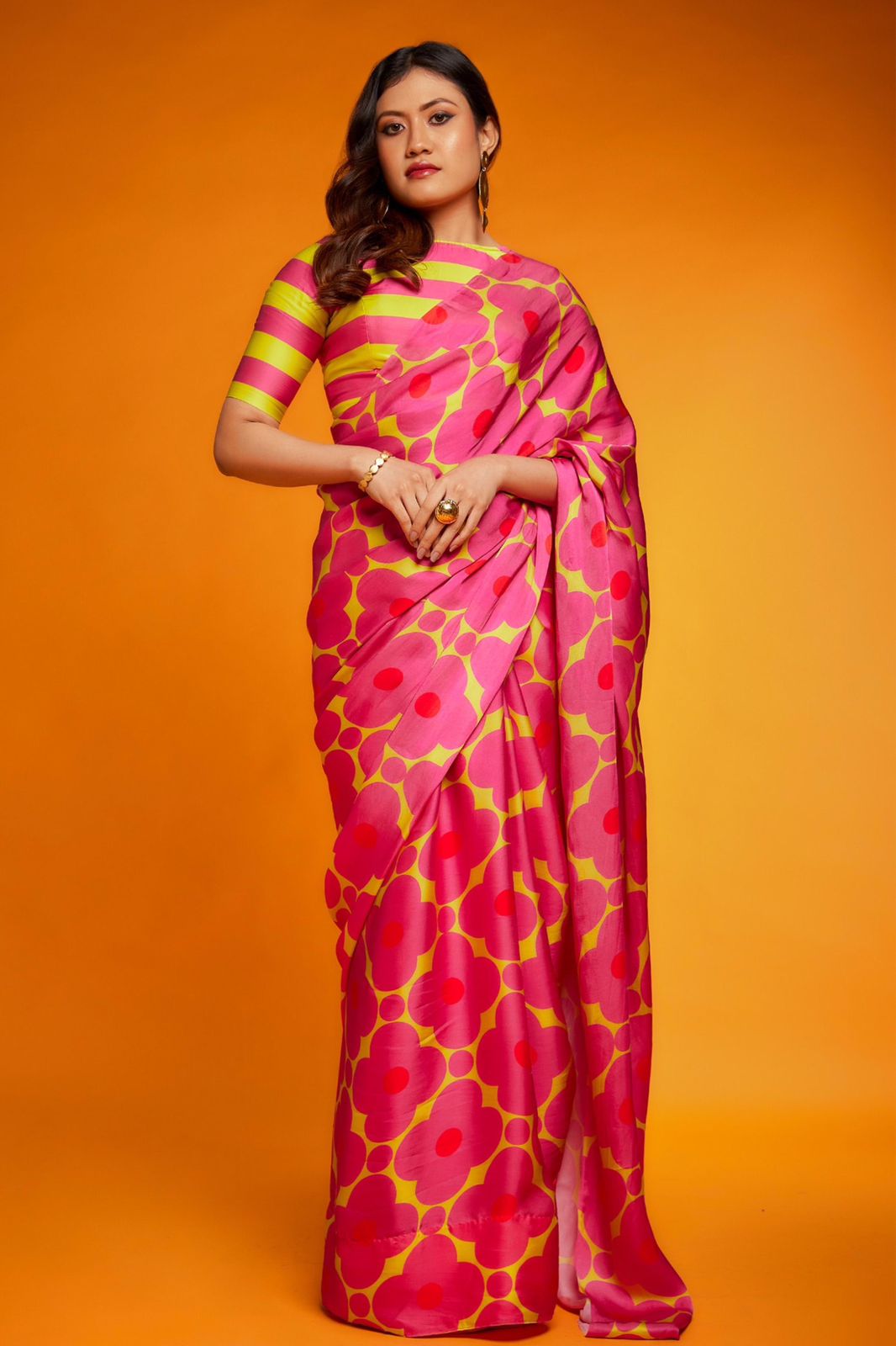 Pink Satin Silk Printed Floral High Neck Saree With Striped Blouse