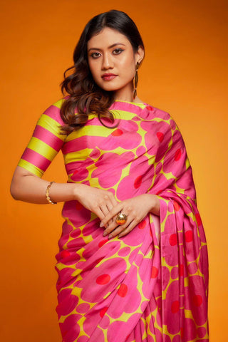 Pink Satin Silk Printed Floral High Neck Saree With Striped Blouse - sareeswholesalers