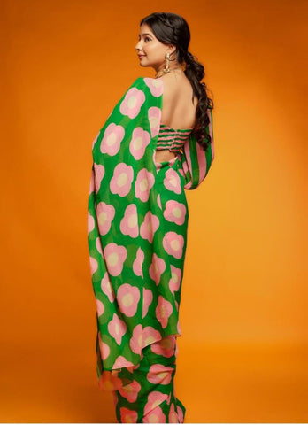 Green Satin Silk Printed Floral High Neck Saree With Striped Blouse - sareeswholesalers