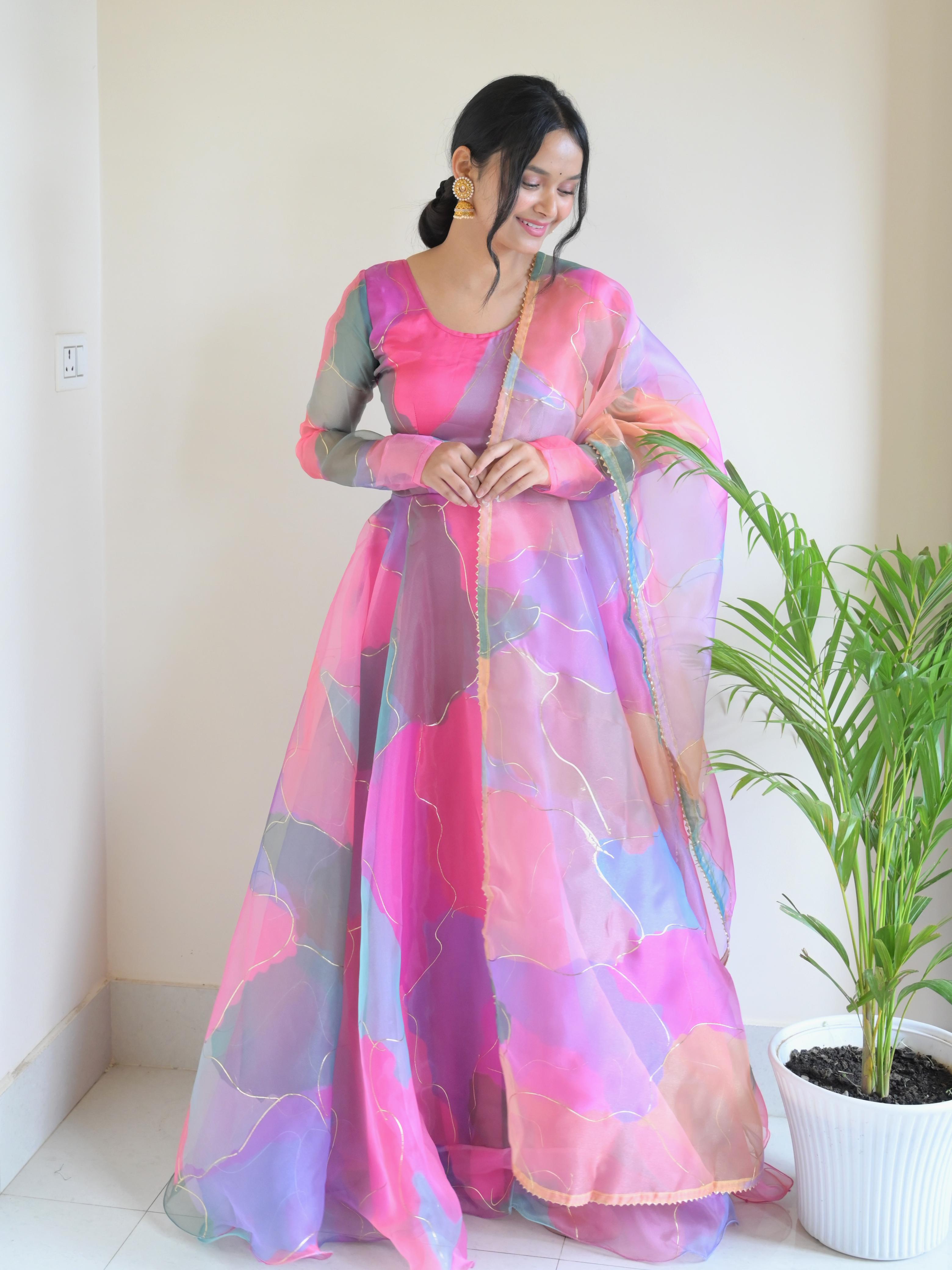 New Party Wear Look Organza Silk Gown With Dupatta - sareeswholesalers