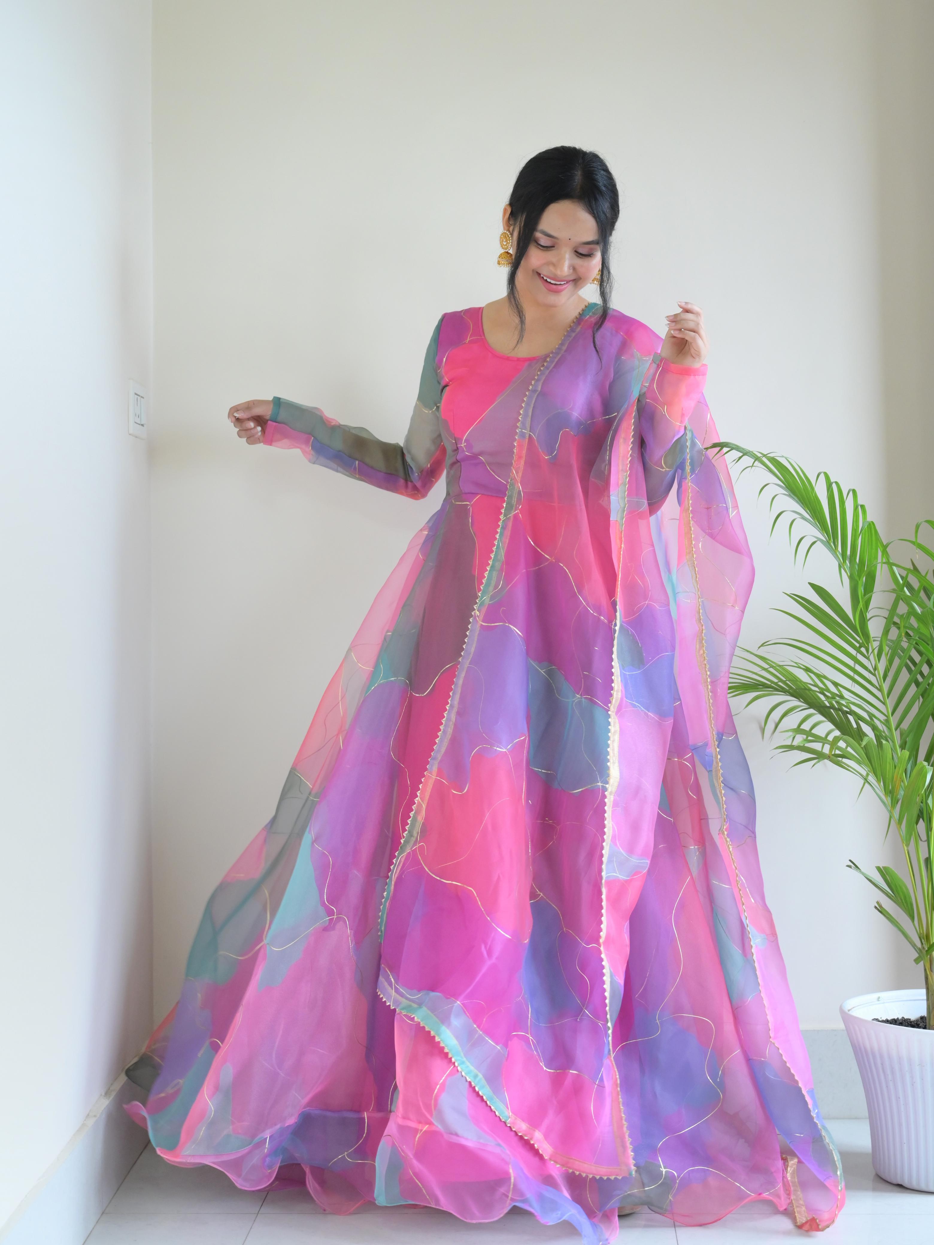 New Party Wear Look Organza Silk Gown With Dupatta - sareeswholesalers