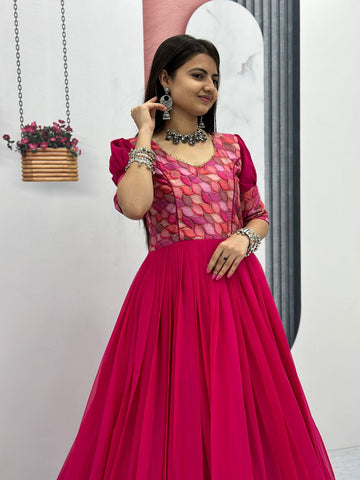 Demanding Pink Color Georgette Heavy Position Print Work Designer Gown - sareeswholesalers