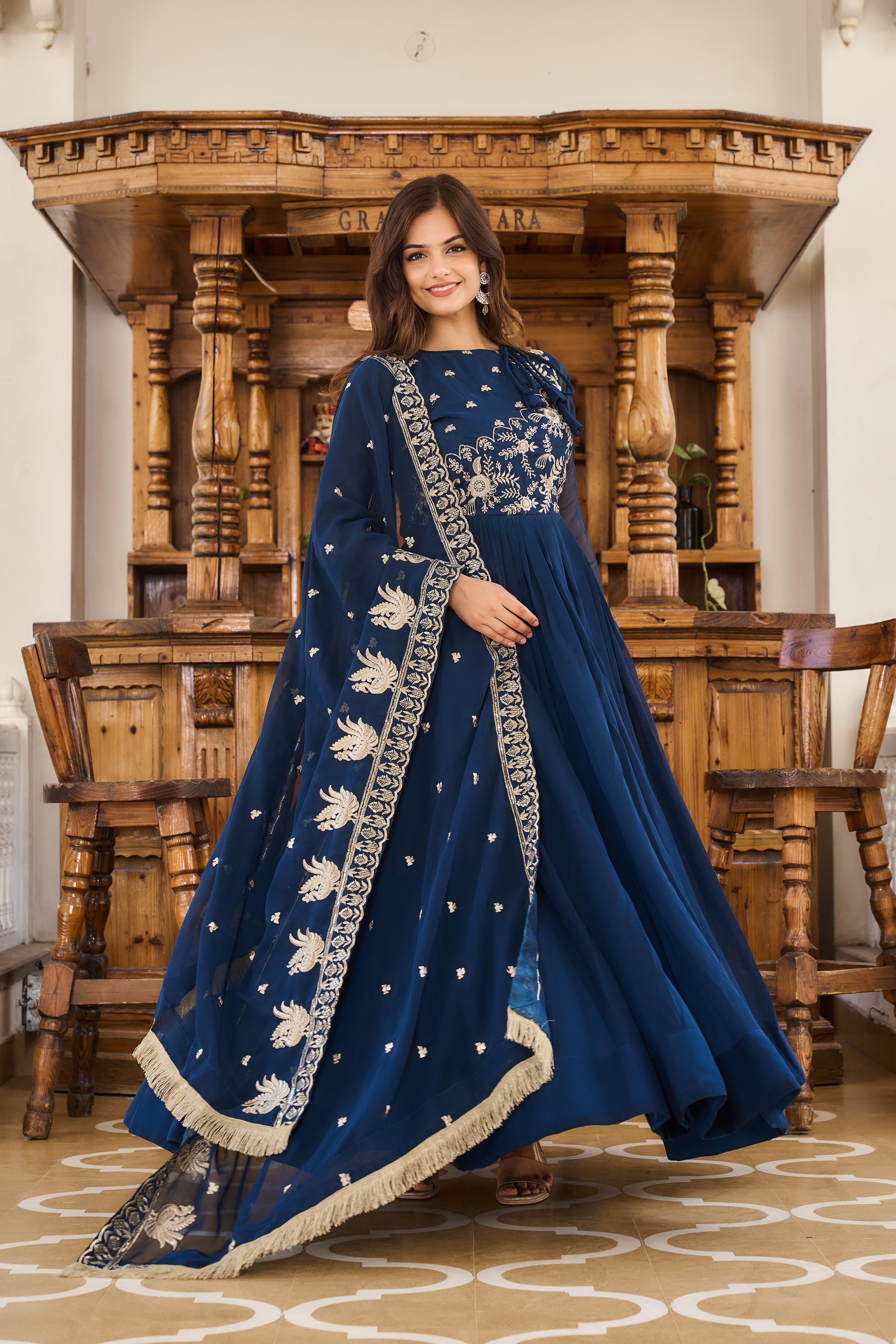 New Blue Colour Festival Wear Long Gown With Dupatta - sareeswholesalers