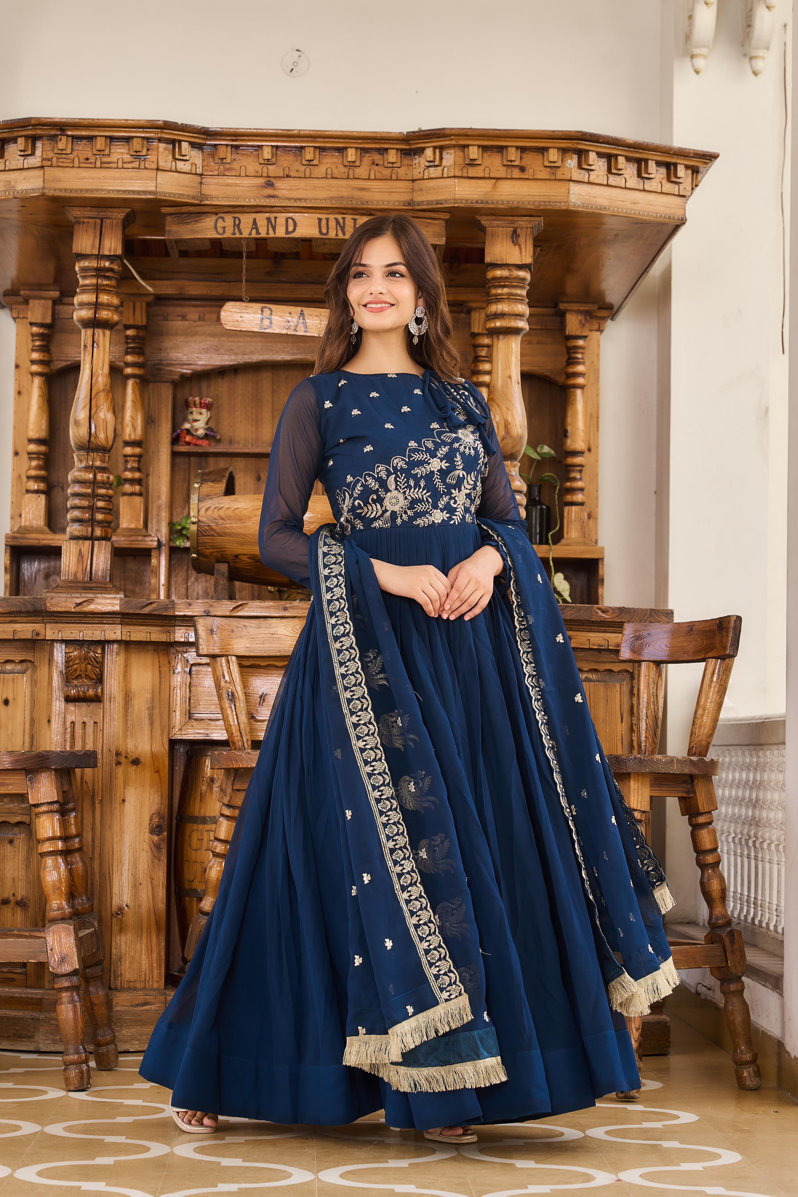 New Blue Colour Festival Wear Long Gown With Dupatta - sareeswholesalers