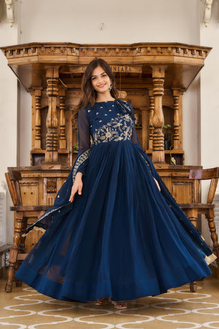 New Blue Colour Festival Wear Long Gown With Dupatta - sareeswholesalers