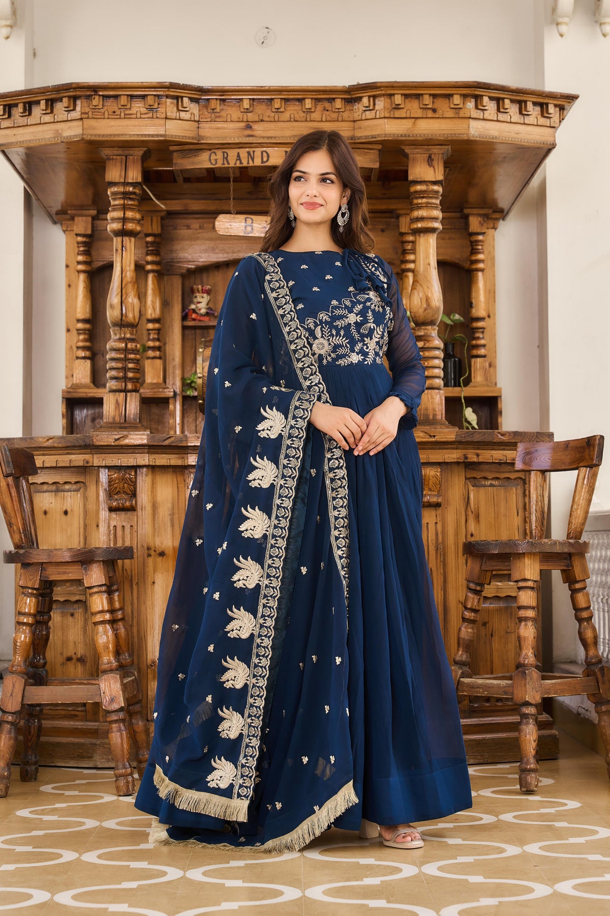 New Blue Colour Festival Wear Long Gown With Dupatta - sareeswholesalers