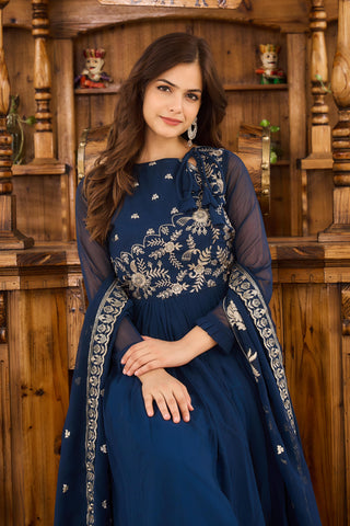 New Blue Colour Festival Wear Long Gown With Dupatta - sareeswholesalers