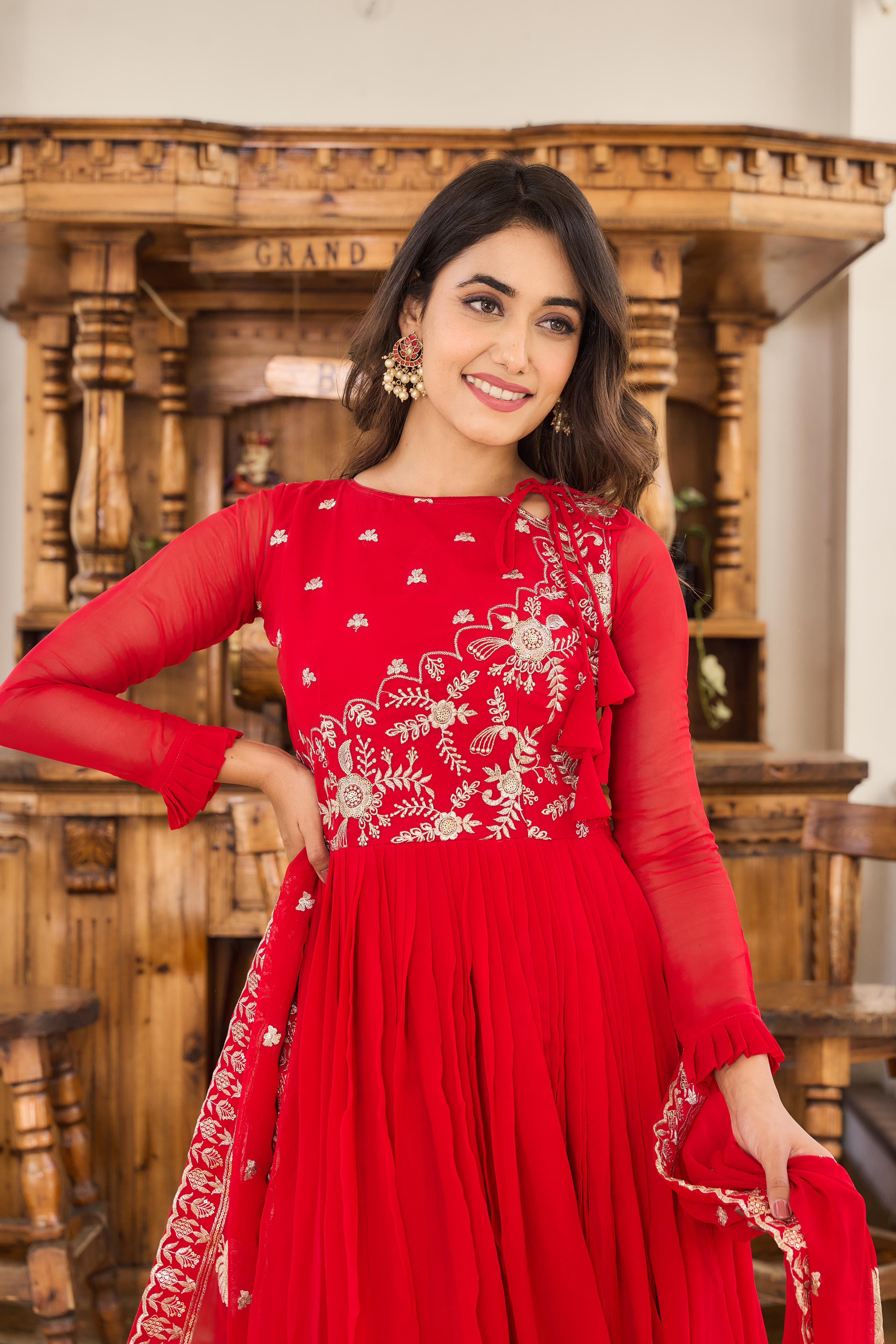 New Red Colour Festival Wear Long Gown With Dupatta - sareeswholesalers