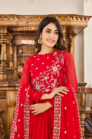 New Red Colour Festival Wear Long Gown With Dupatta - sareeswholesalers