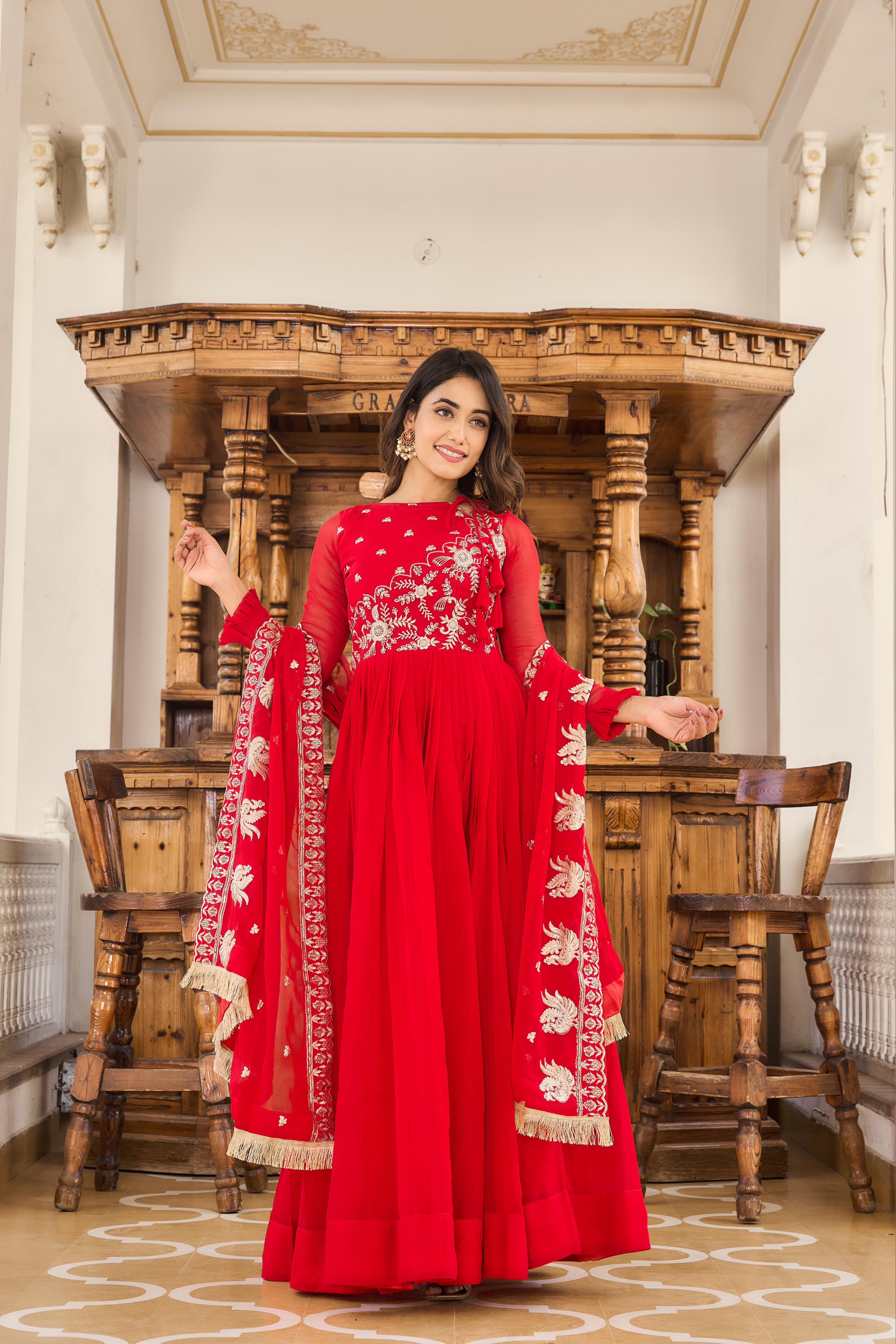 New Red Colour Festival Wear Long Gown With Dupatta - sareeswholesalers