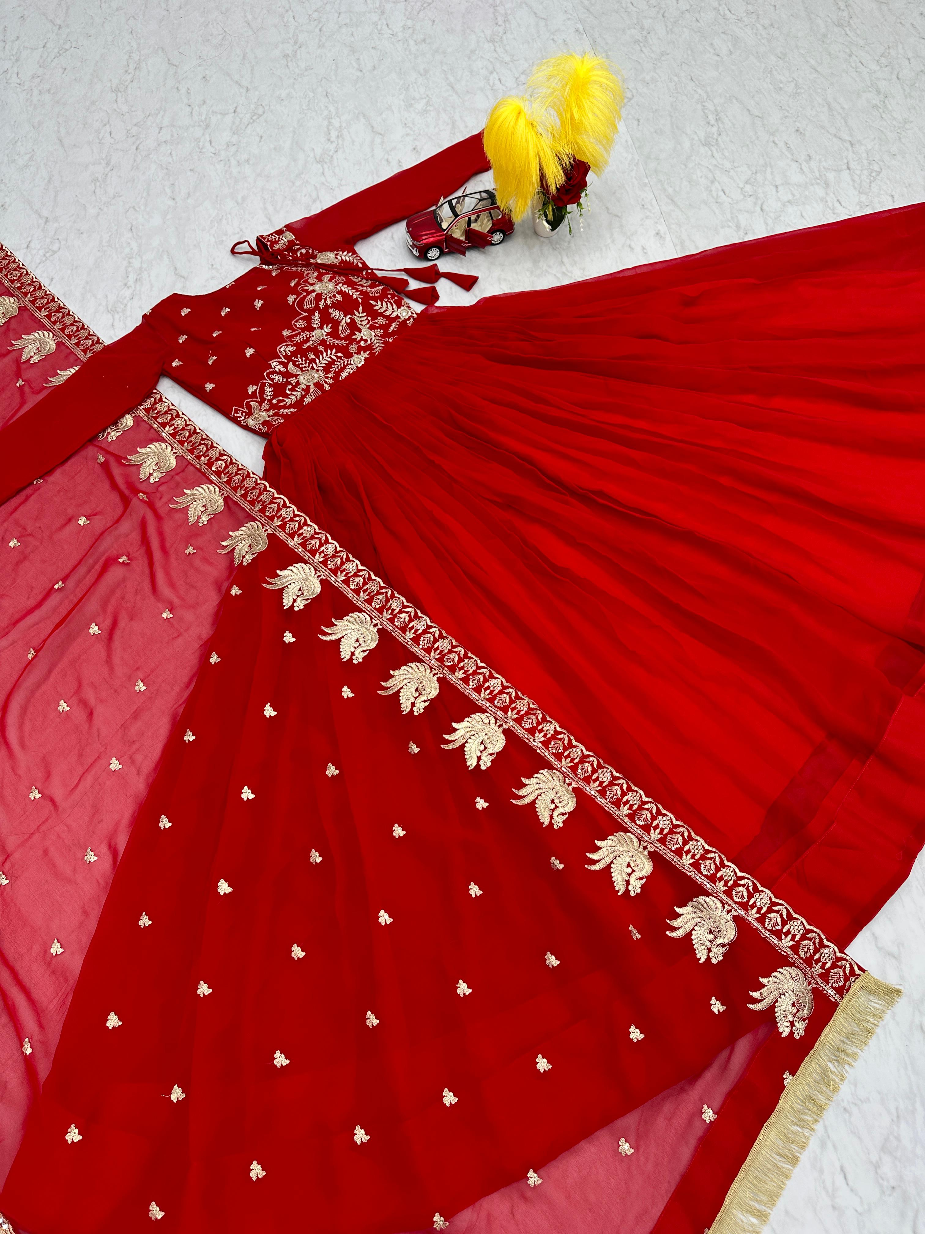 New Red Colour Festival Wear Long Gown With Dupatta - sareeswholesalers