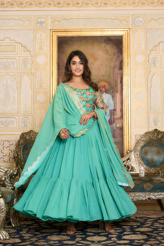 New Geogrette Firozi Colour Festival Wear Long Gown With Duptta - sareeswholesalers