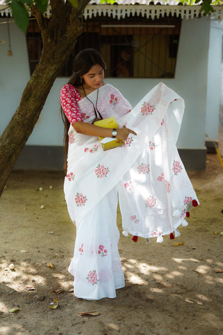 New Super White linen Pattu With Cross Stich Emboridary Buttas Saree - sareeswholesalers