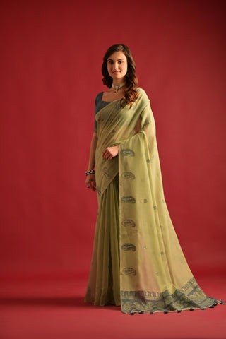 Lime Pista Woven Design Mul Pure Cotton Chanderi Saree - sareeswholesalers