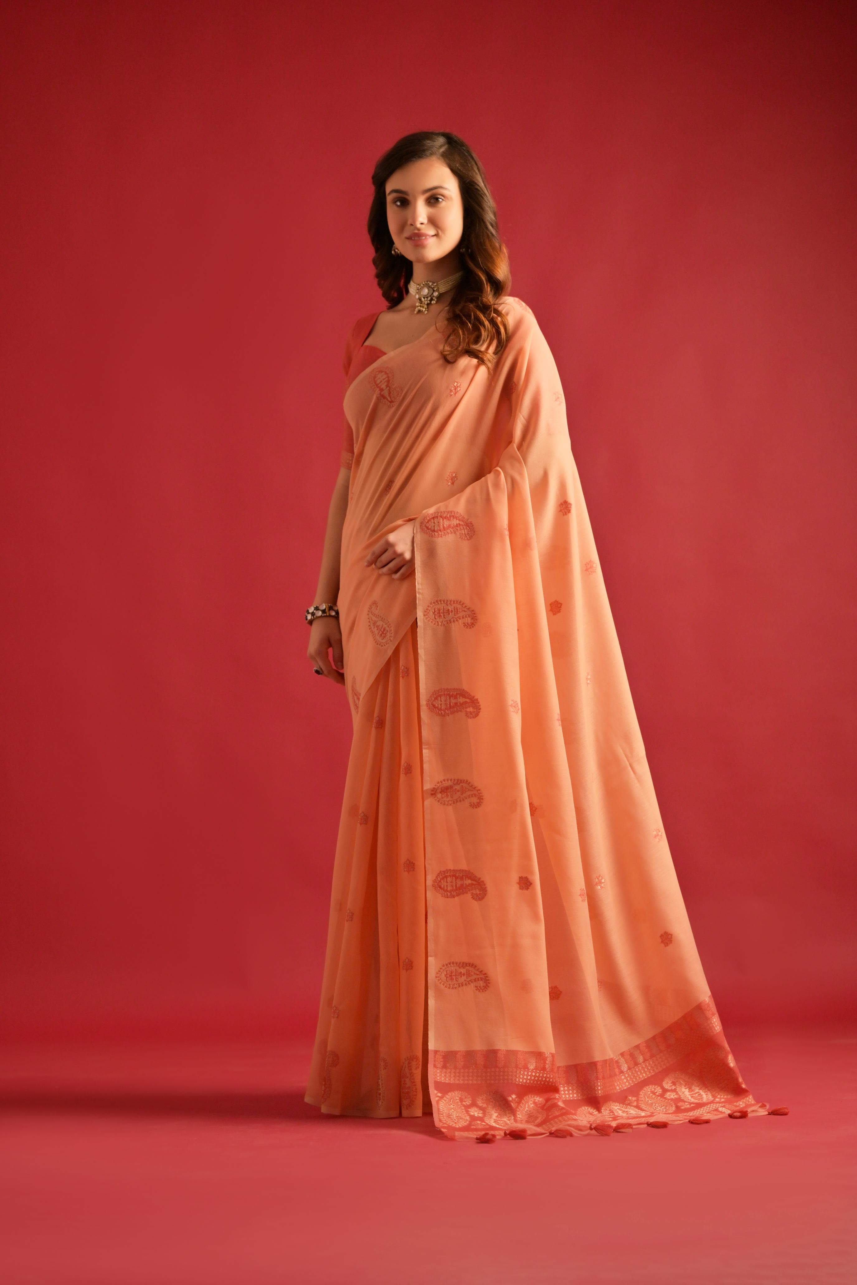 Creamy Peach Woven Design Mul Pure Cotton Chanderi Saree - sareeswholesalers