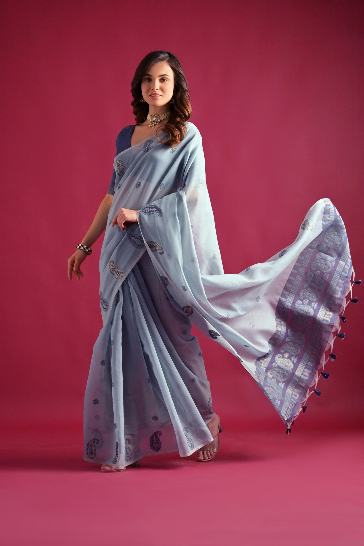 Grey Woven Design Mul Pure Cotton Chanderi Saree - sareeswholesalers