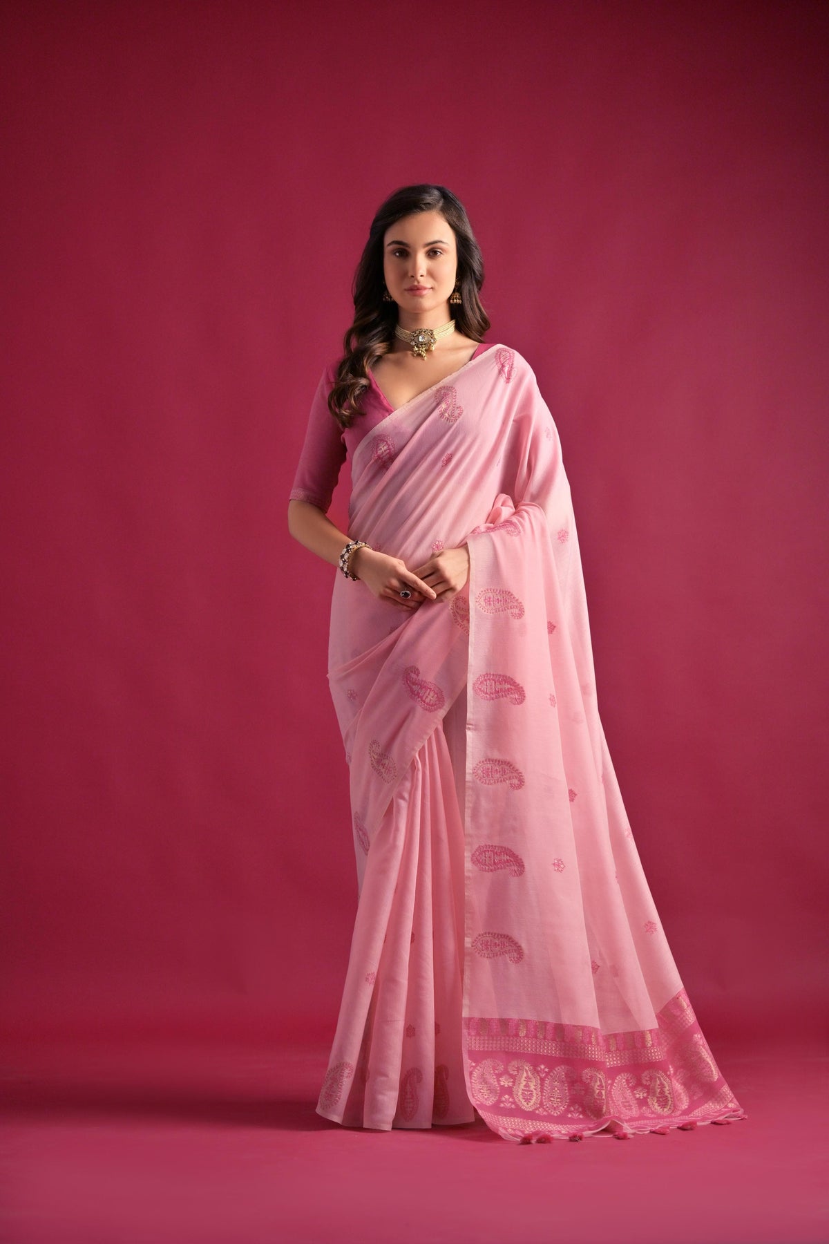 Flamingo Pink Woven Design Mul Pure Cotton Chanderi Saree - sareeswholesalers