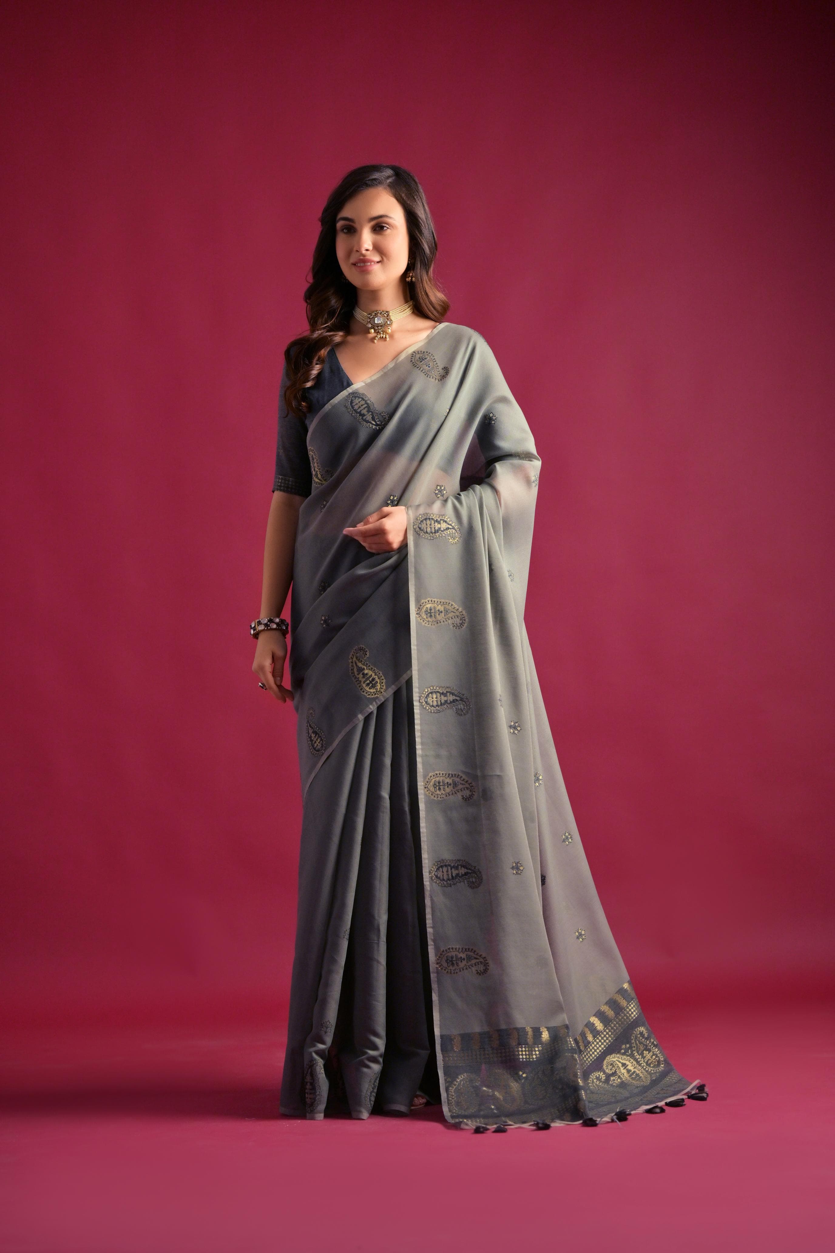 Steel Grey Woven Design Mul Pure Cotton Chanderi Saree - sareeswholesalers