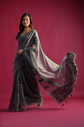 Steel Grey Woven Design Mul Pure Cotton Chanderi Saree - sareeswholesalers