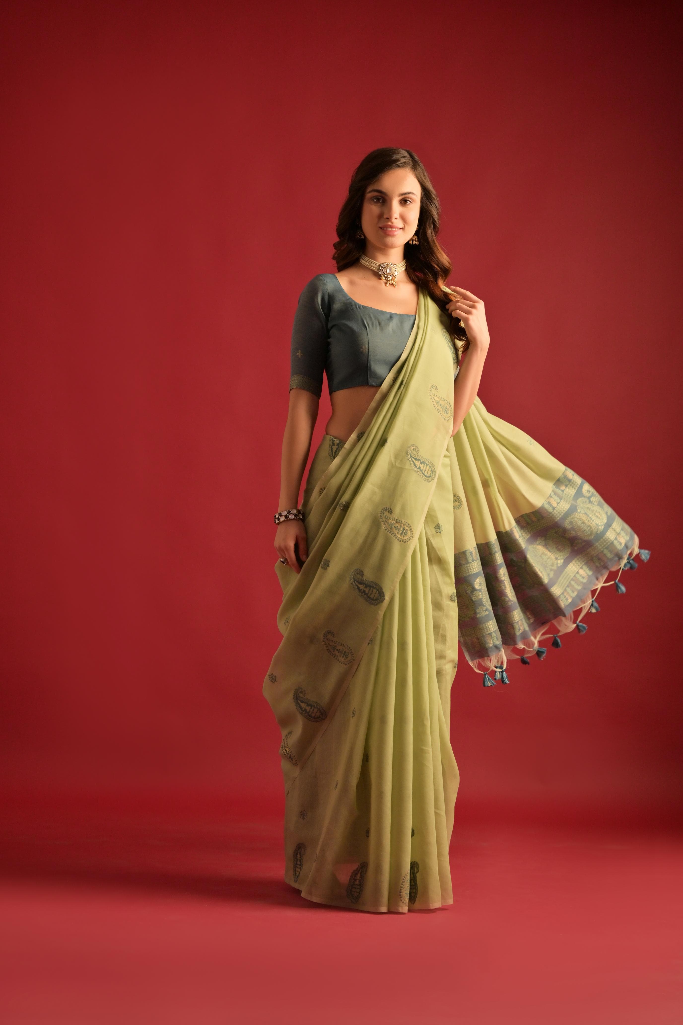 Lime Pista Woven Design Mul Pure Cotton Chanderi Saree - sareeswholesalers