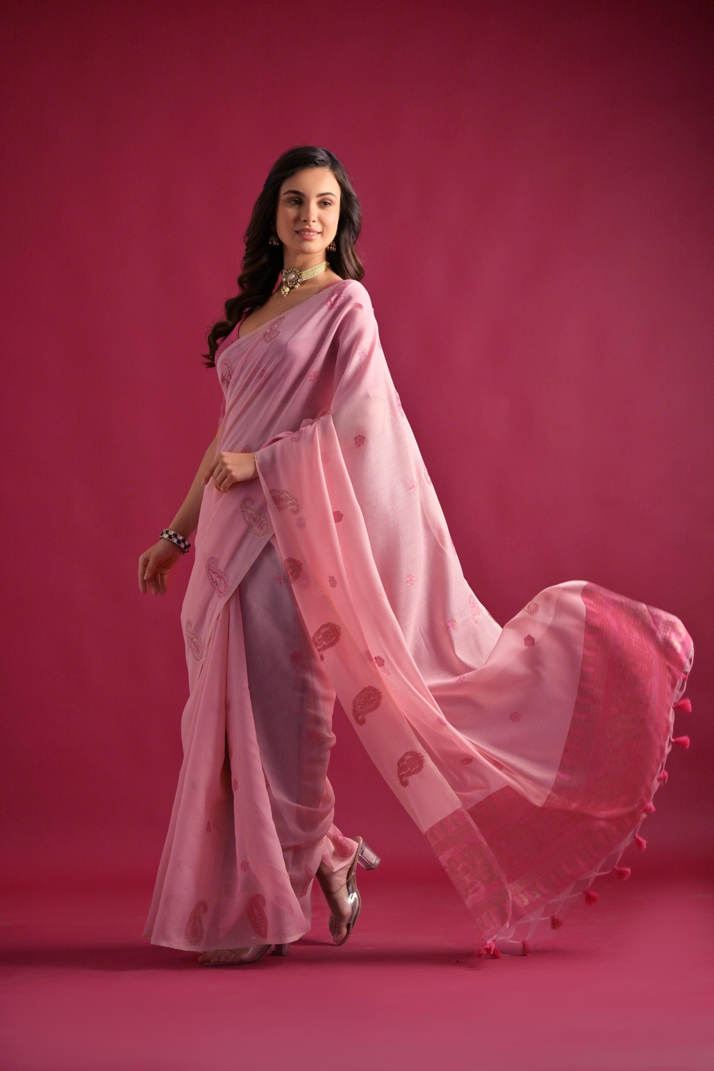 Flamingo Pink Woven Design Mul Pure Cotton Chanderi Saree - sareeswholesalers