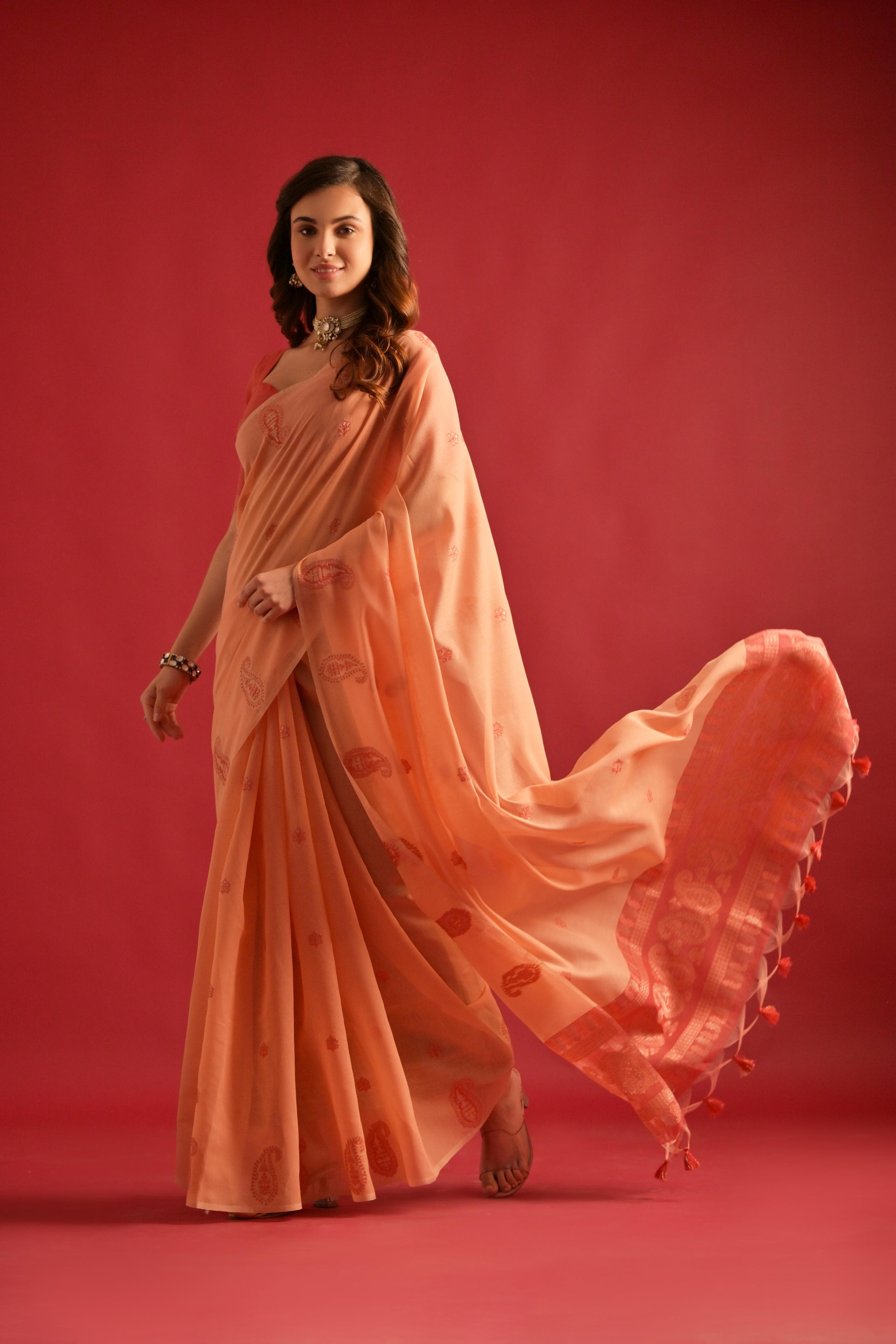 Creamy Peach Woven Design Mul Pure Cotton Chanderi Saree - sareeswholesalers