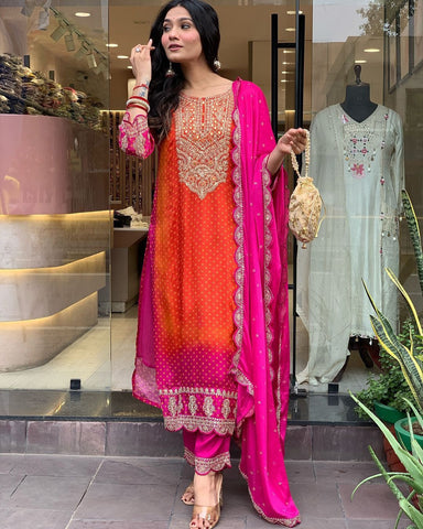 Radiant Elegance: Orange-Pink Silk Embroidered Ceremonial Salwar Suit"