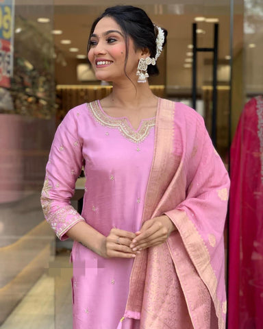 Radiant Elegance: Baby-Pink Silk Embroidered Ceremonial Salwar Suit"