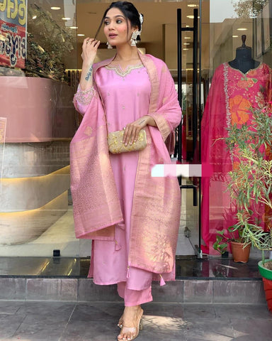 Radiant Elegance: Baby-Pink Silk Embroidered Ceremonial Salwar Suit"