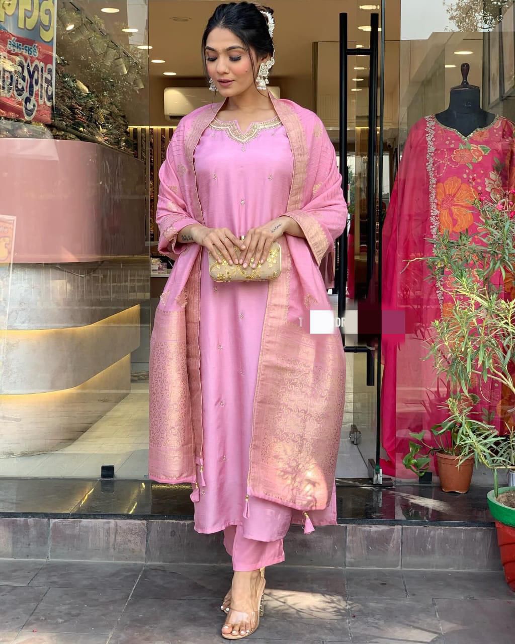 Radiant Elegance: Baby-Pink Silk Embroidered Ceremonial Salwar Suit"