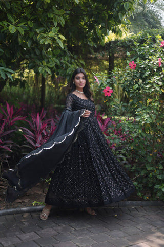 Embroidered Georgette Abaya Style Suit in Black - sareeswholesalers