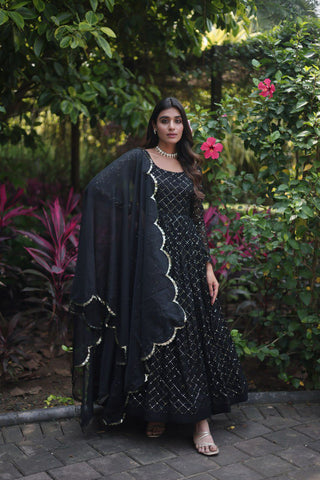 Embroidered Georgette Abaya Style Suit in Black - sareeswholesalers