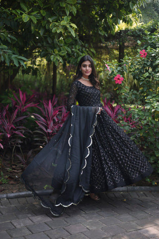 Embroidered Georgette Abaya Style Suit in Black - sareeswholesalers