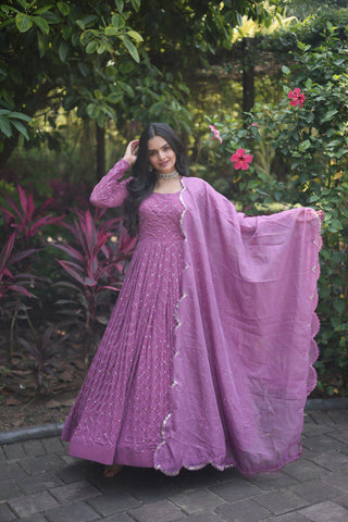 Embroidered Georgette Abaya Style Suit in Light Purple - sareeswholesalers