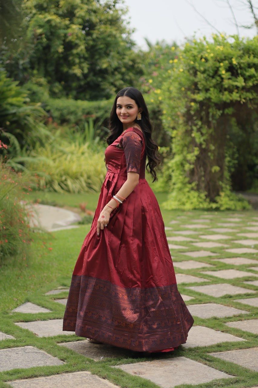 Enchanting Maroon Zari Weaving Banarasi Silk Festival Wear Gown - sareeswholesalers