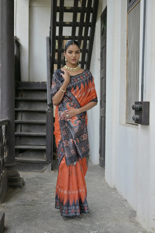 Orange Tussar Silk Saree With Blouse Piece - sareeswholesalers