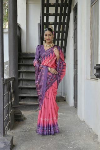 Pink Tussar Silk Saree With Blouse Piece - sareeswholesalers