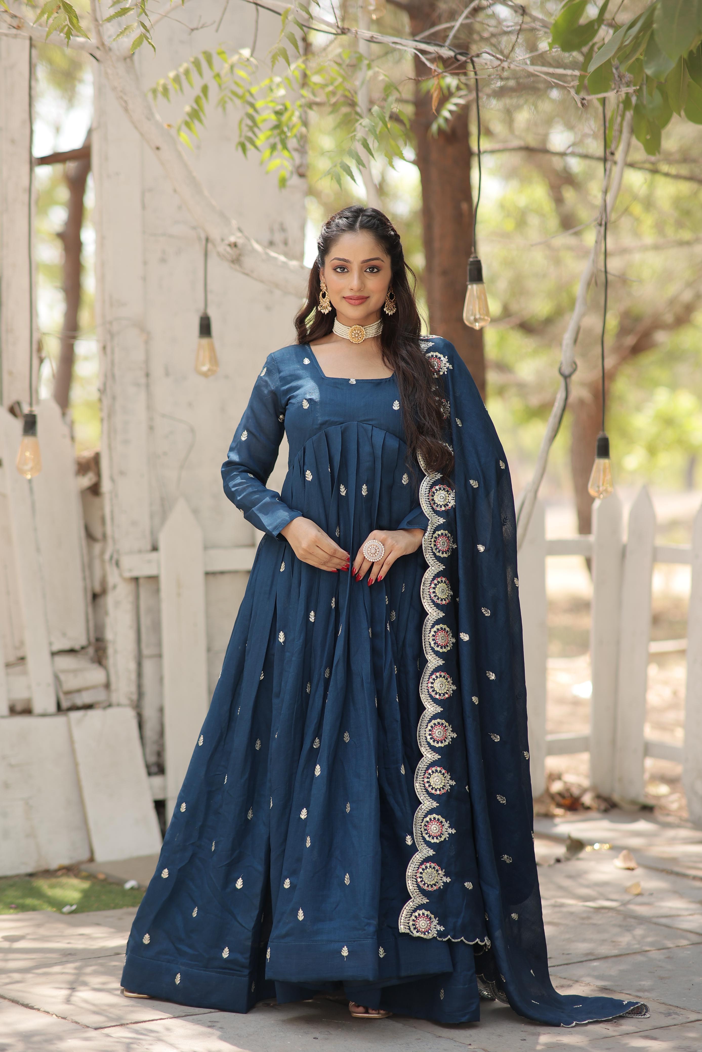 New Blue Colour Sequins Embroidered work Gown - sareeswholesalers