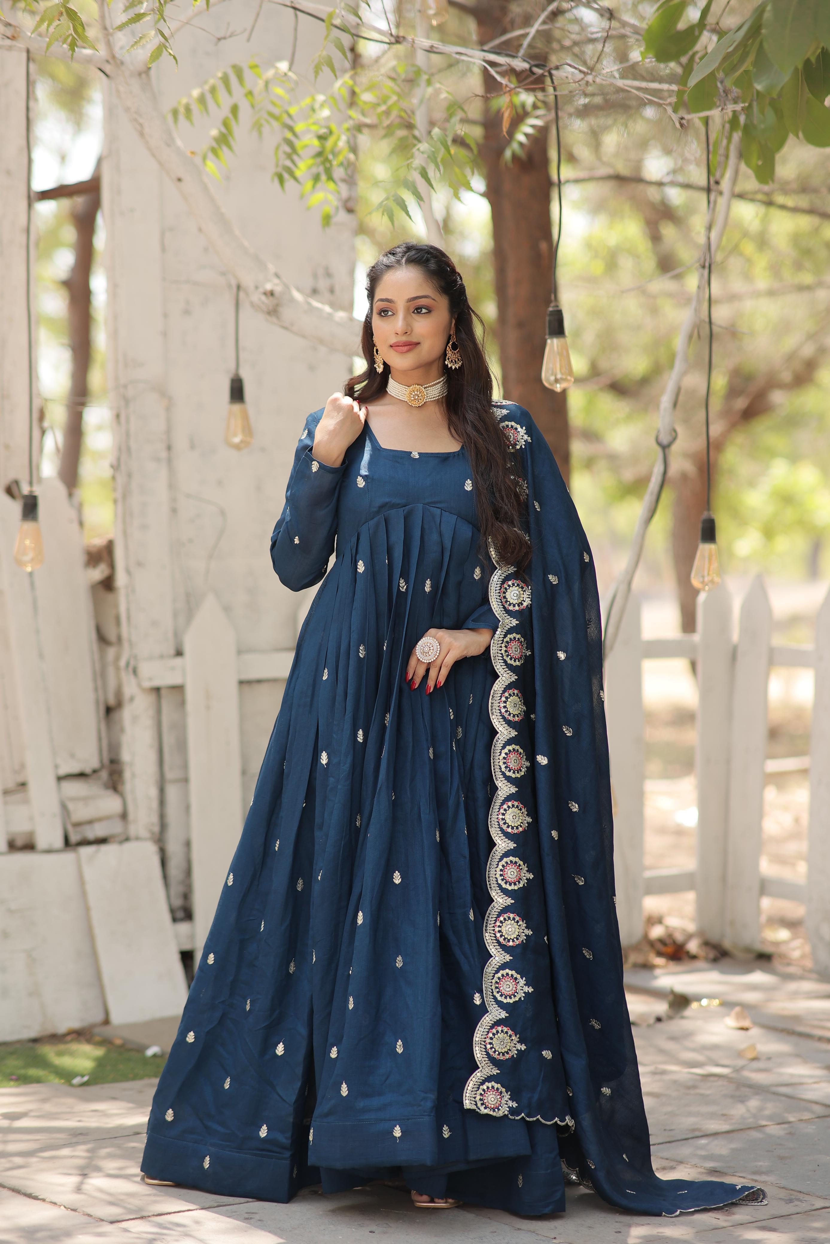 New Blue Colour Sequins Embroidered work Gown - sareeswholesalers