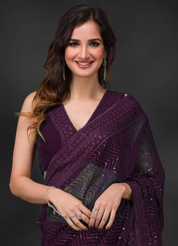 Maroon Soft Georgette Fabric With Sequins Embroidered Work Saree