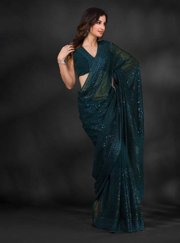 Green  Soft Georgette Fabric With Sequins Embroidered Work Saree