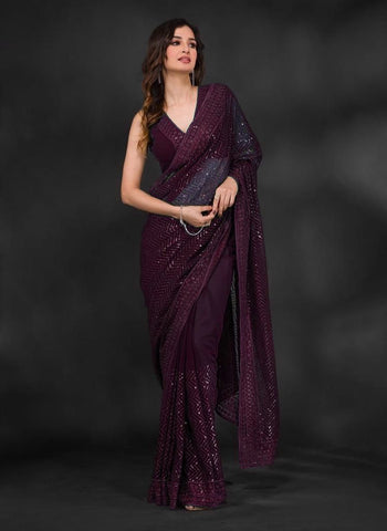 Maroon Soft Georgette Fabric With Sequins Embroidered Work Saree