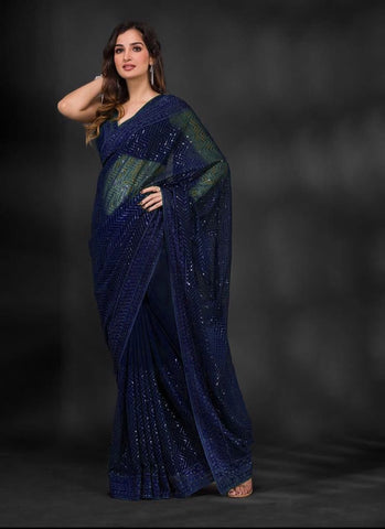 Blue Soft Georgette Fabric With Sequins Embroidered Work Saree