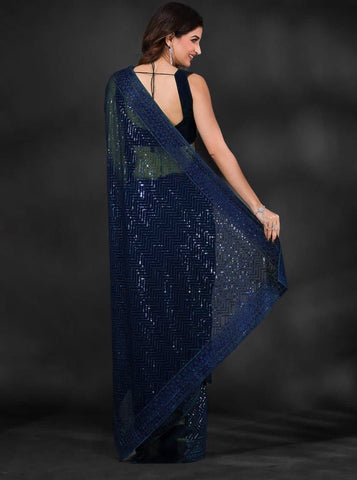 Blue Soft Georgette Fabric With Sequins Embroidered Work Saree