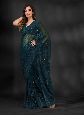 Green  Soft Georgette Fabric With Sequins Embroidered Work Saree