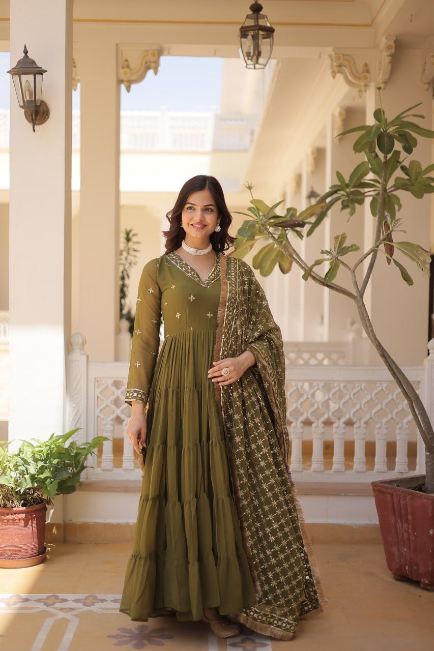 Adorable  Green Embroidered Georgette Mehendi Wear Gown