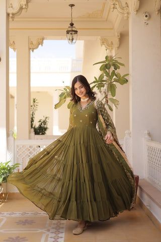 Adorable  Green Embroidered Georgette Mehendi Wear Gown